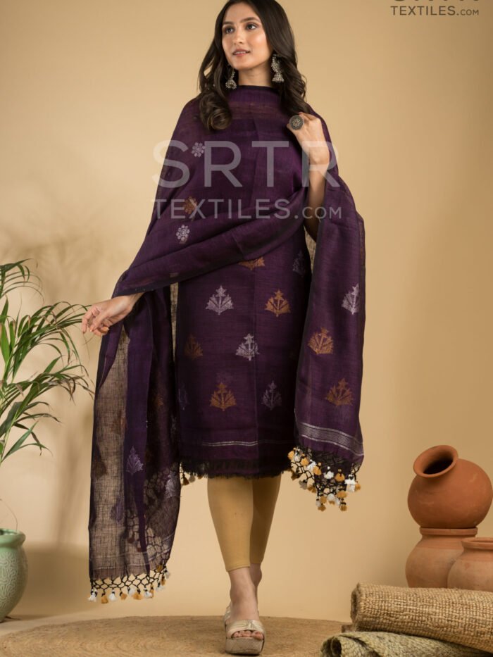 Alternative view of Pure Linen Unstitched Jamdani Suit – Elegant 2-Piece Set