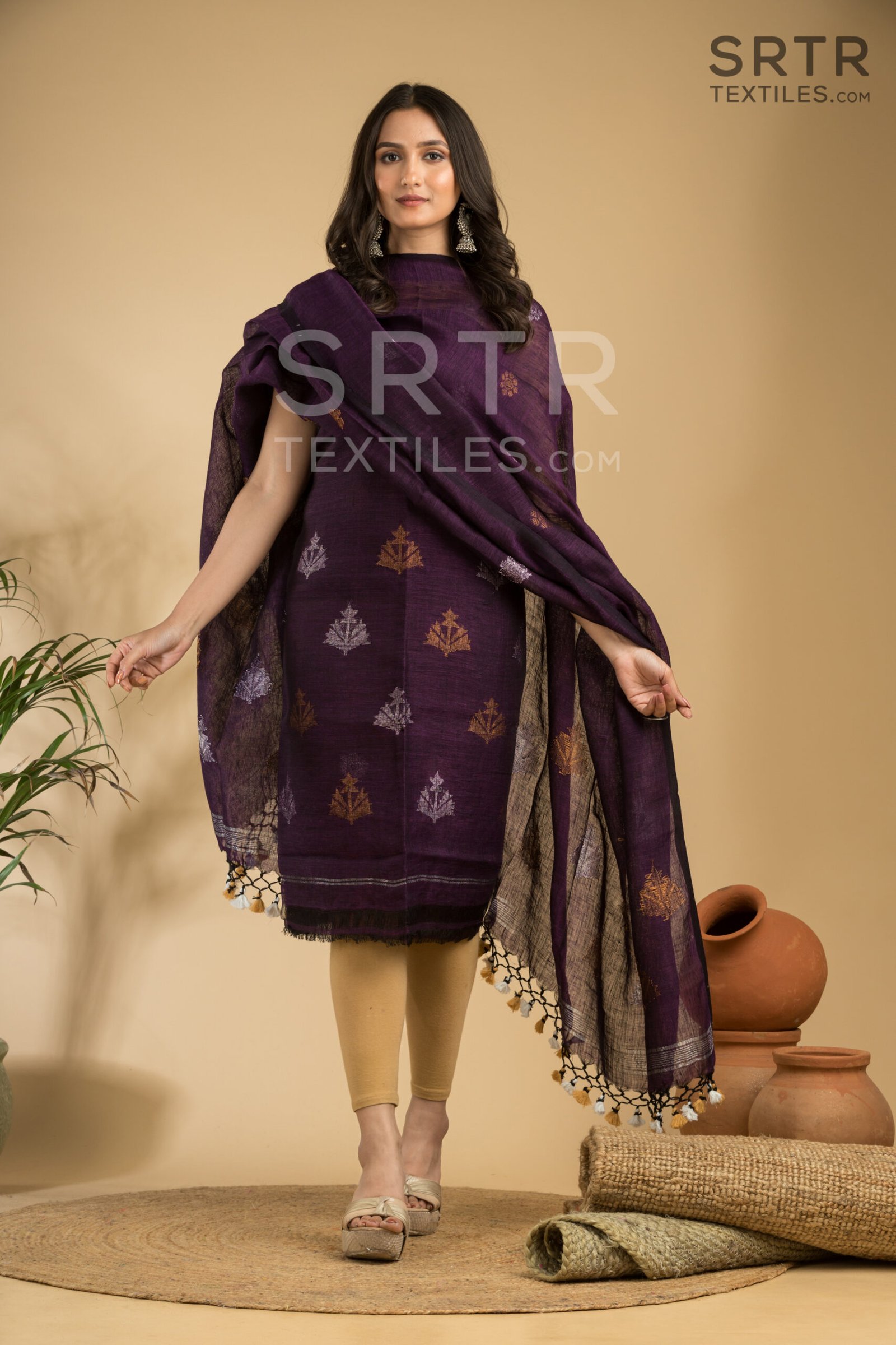 Pure Linen Unstitched Jamdani Suit – Elegant 2-Piece Set