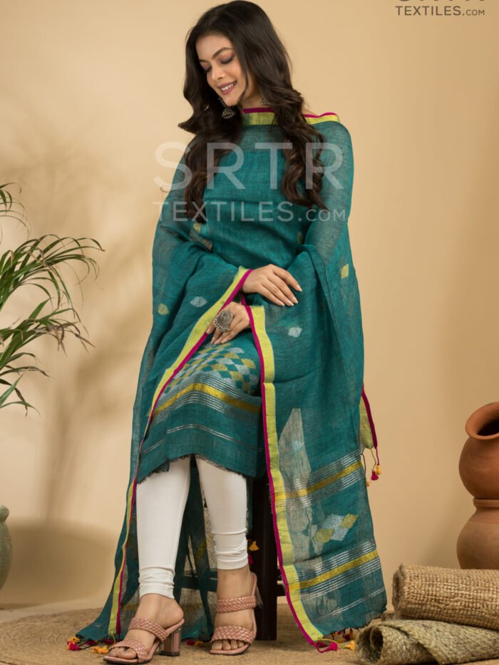 Alternative view of Pure Linen Unstitched Jamdani Suit – Elegant 2-Piece Set