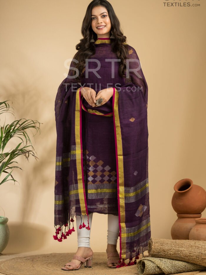 Alternative view of Pure Linen Unstitched Jamdani Suit – Elegant 2-Piece Set