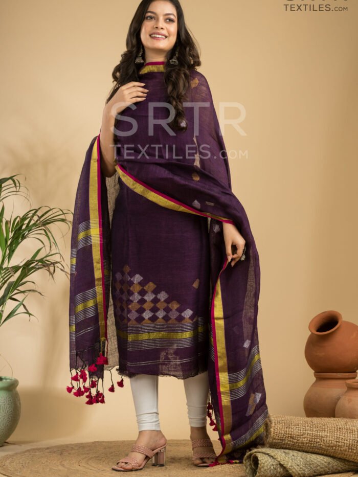 Pure Linen Unstitched Jamdani Suit – Elegant 2-Piece Set