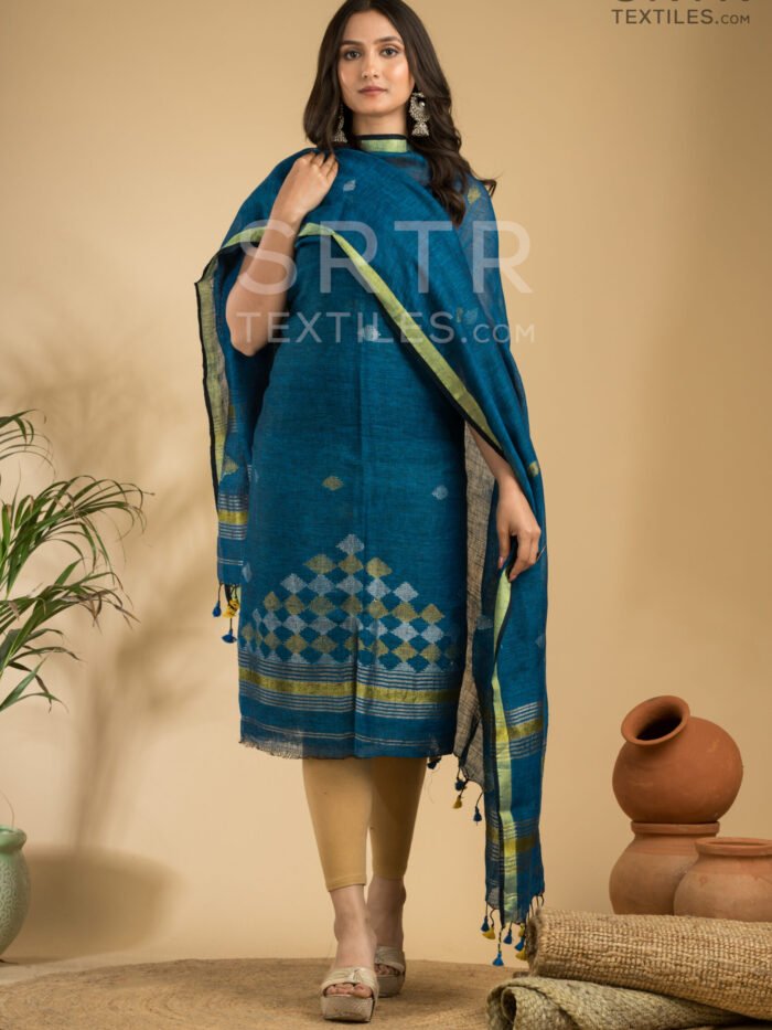 Alternative view of Pure Linen Unstitched Jamdani Suit – Elegant 2-Piece Set