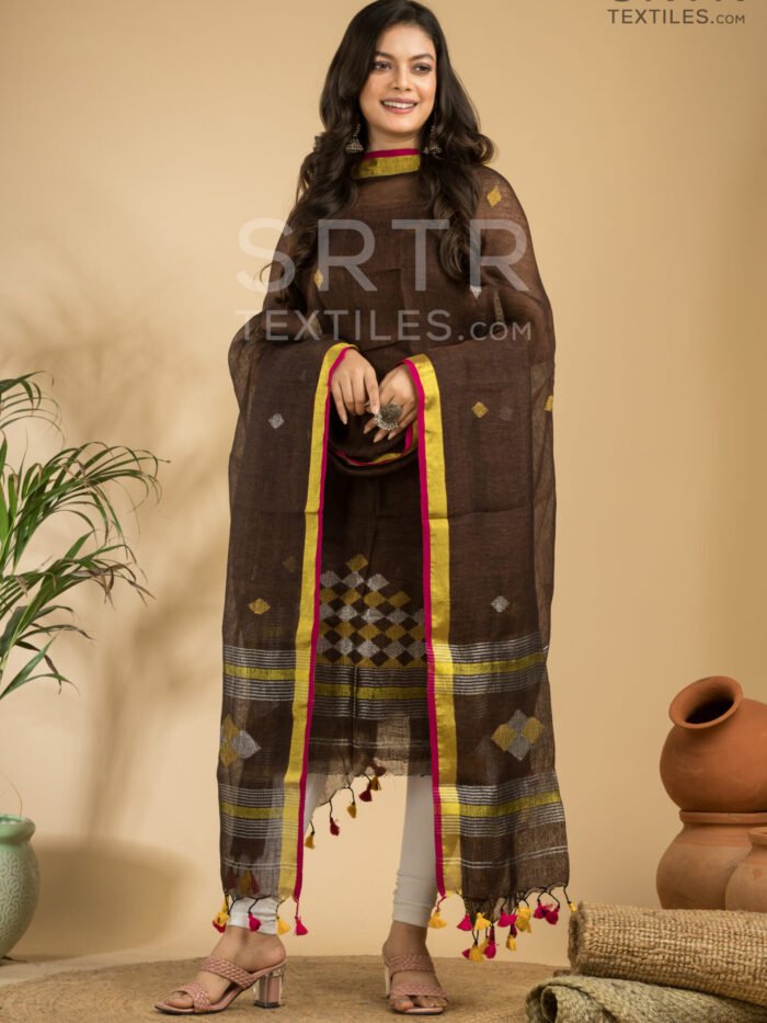 Alternative view of Pure Linen Unstitched Jamdani Suit – Elegant 2-Piece Set