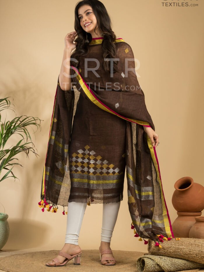 Pure Linen Unstitched Jamdani Suit – Elegant 2-Piece Set