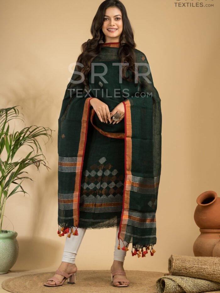 Alternative view of Pure Linen Unstitched Jamdani Suit – Elegant 2-Piece Set