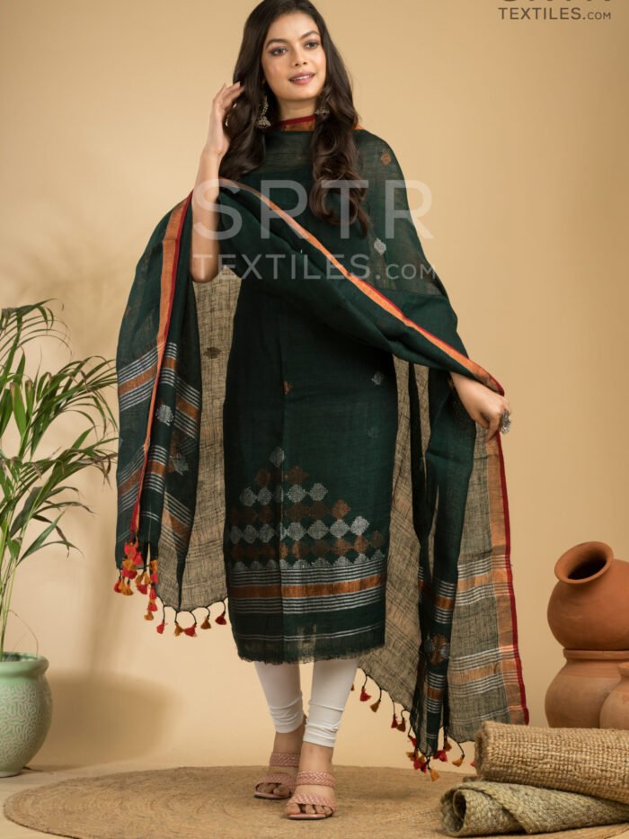 Pure Linen Unstitched Jamdani Suit – Elegant 2-Piece Set