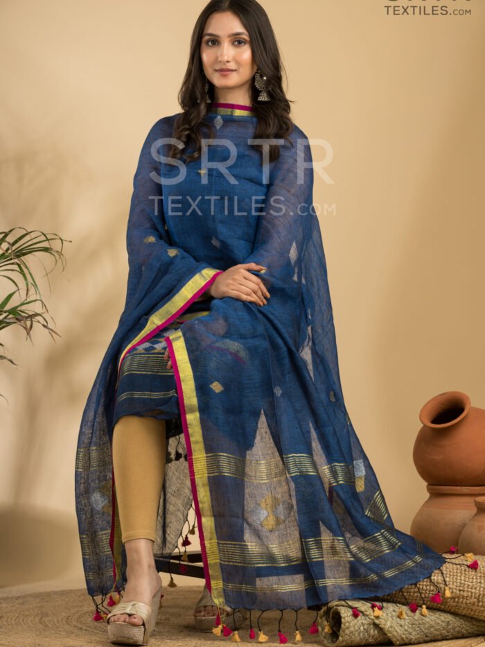 Alternative view of Pure Linen Unstitched Jamdani Suit – Elegant 2-Piece Set