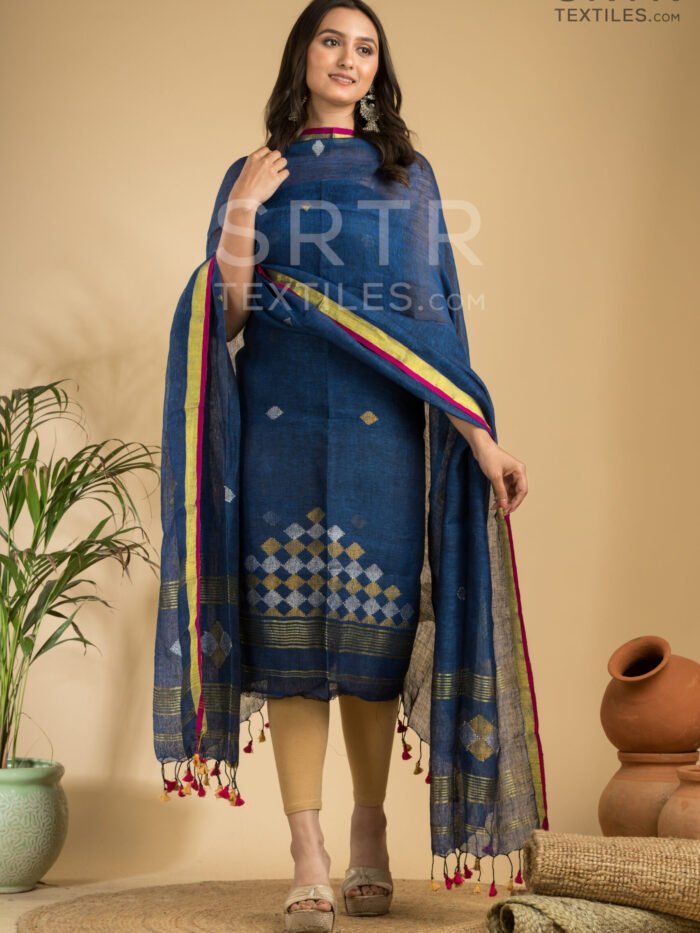 Pure Linen Unstitched Jamdani Suit – Elegant 2-Piece Set