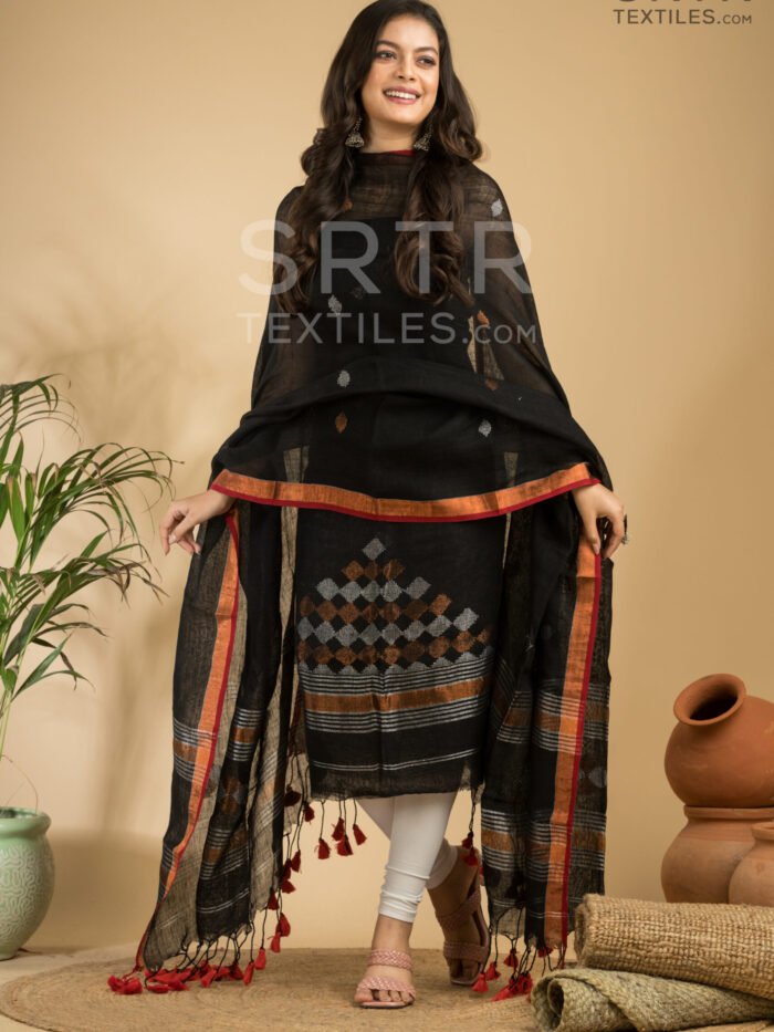 Alternative view of Pure Linen Unstitched Jamdani Suit – Elegant 2-Piece Set