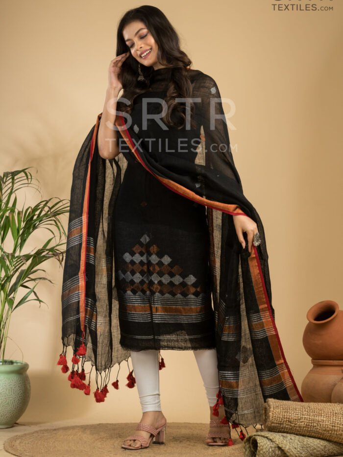 Pure Linen Unstitched Jamdani Suit – Elegant 2-Piece Set