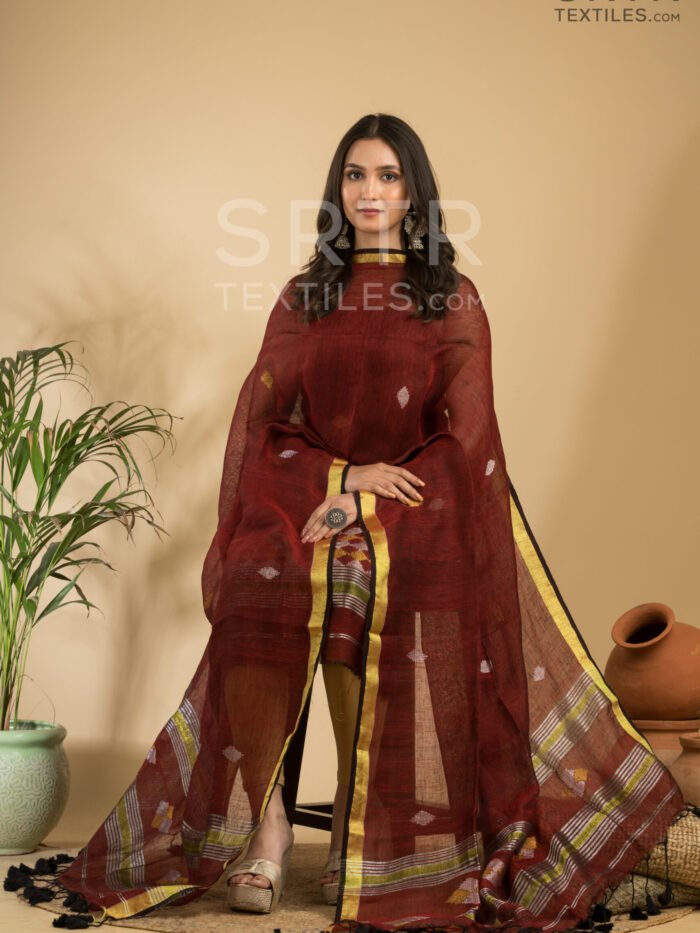 Alternative view of Pure Linen Unstitched Jamdani Suit – Elegant 2-Piece Set