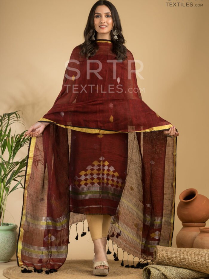 Pure Linen Unstitched Jamdani Suit – Elegant 2-Piece Set