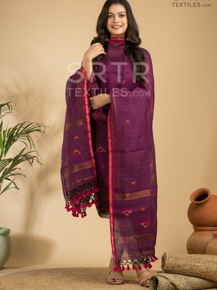 Alternative view of Pure Linen Unstitched Jamdani Suit – Elegant 2-Piece Set