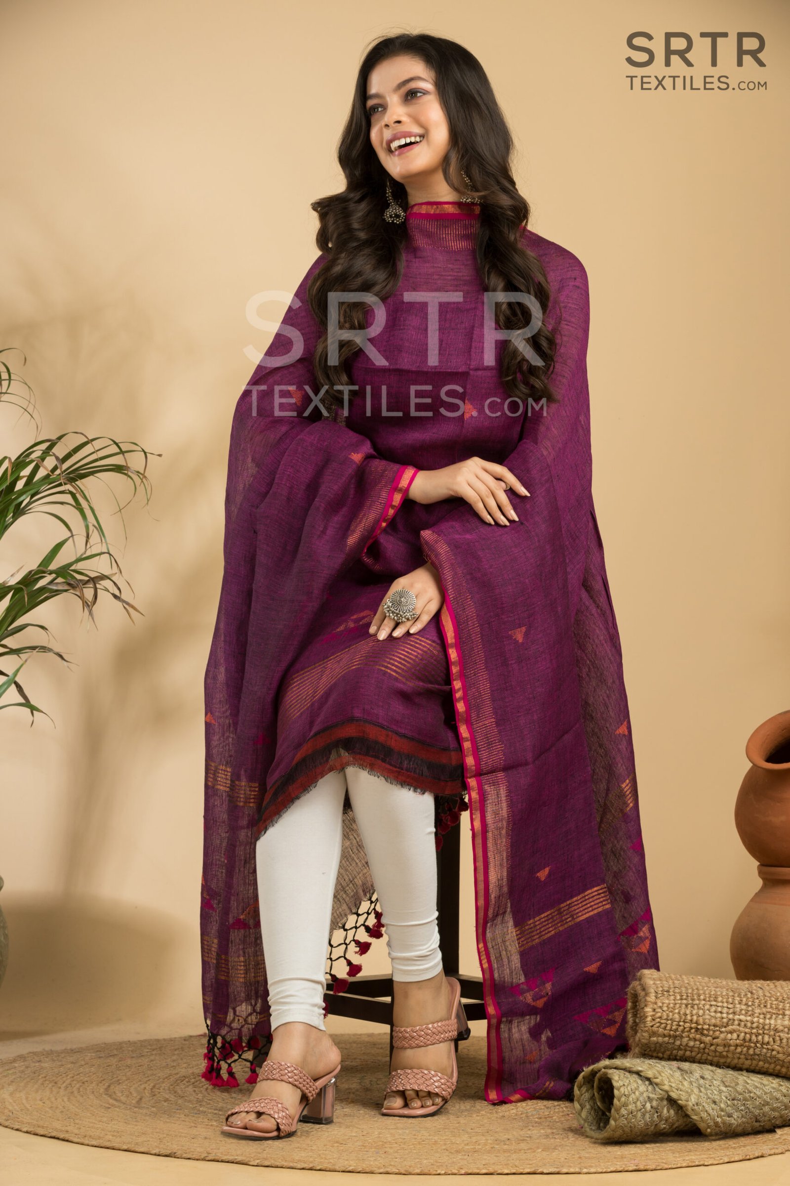 Pure Linen Unstitched Jamdani Suit – Elegant 2-Piece Set
