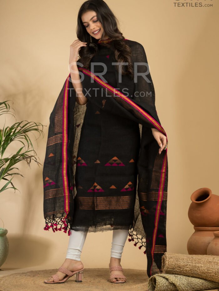 Alternative view of Pure Linen Unstitched Jamdani Suit – Elegant 2-Piece Set