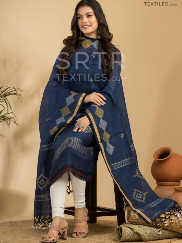 Designer Navy Blue Handloom Linen Suit with Geometric Patterns
