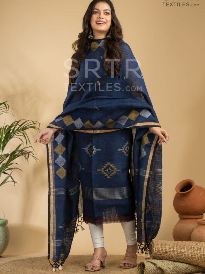 Alternative view of Designer Navy Blue Handloom Linen Suit with Geometric Patterns