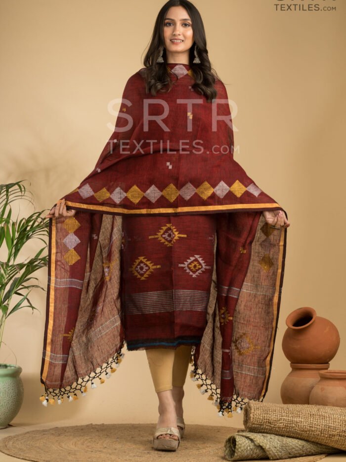 Maroon Handloom Linen Suit with Traditional Geometric Motifs