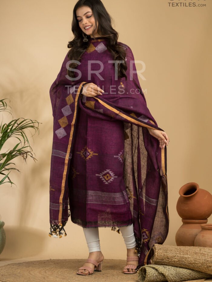 Wine Handloom Linen Suit with Geometric Motifs– Elegant 2-Piece Set
