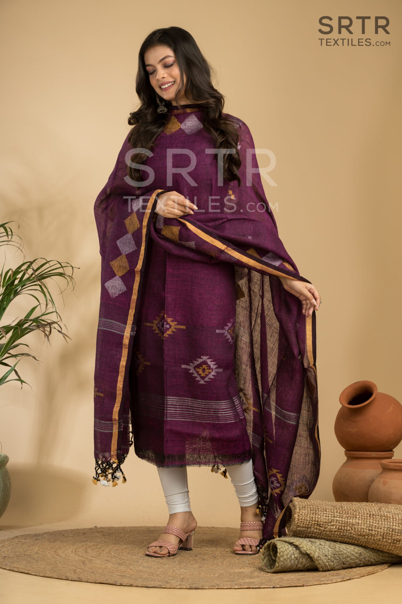 Wine Handloom Linen Suit with Geometric Motifs– Elegant 2-Piece Set