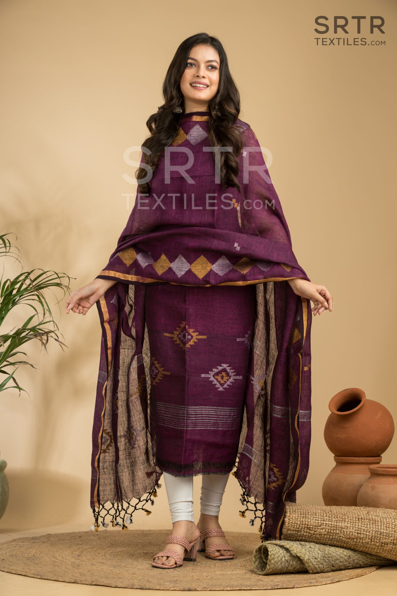 Wine Handloom Linen Suit with Geometric Motifs– Elegant 2-Piece Set - Image 3