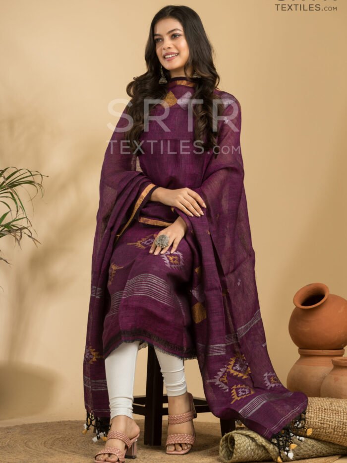 Alternative view of Wine Handloom Linen Suit with Geometric Motifs– Elegant 2-Piece Set