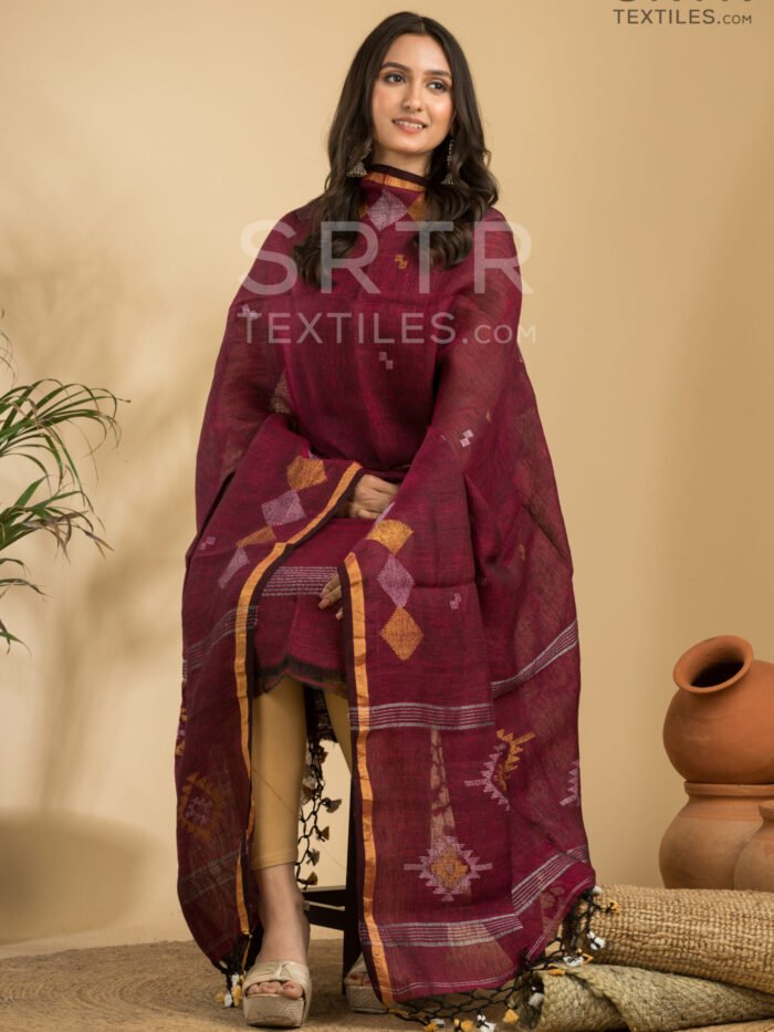 Alternative view of Maroon Handloom Linen Suit with Traditional Geometric Motifs