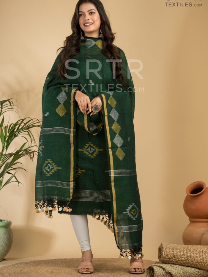 Alternative view of Bottle Green Handloom Linen Suit with Geometric Motifs– Elegant 2-Piece Set