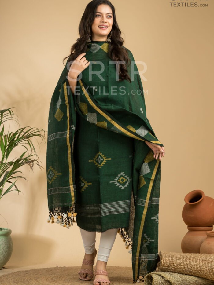 Bottle Green Handloom Linen Suit with Geometric Motifs– Elegant 2-Piece Set