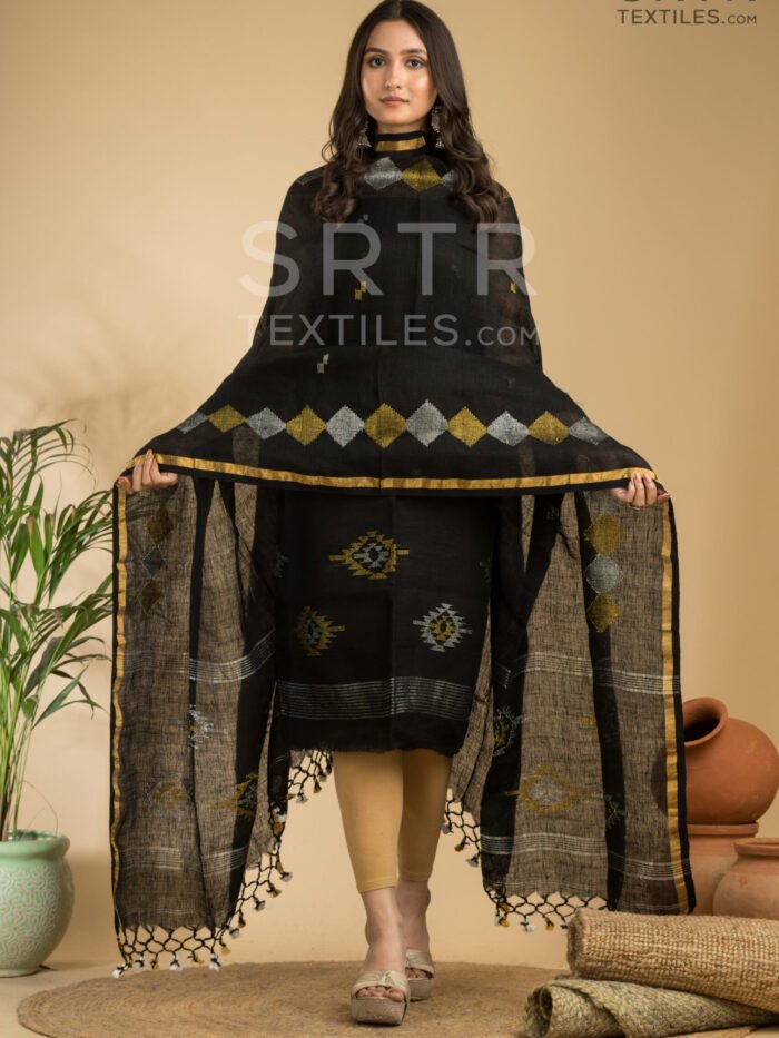 Classic Black Handloom Linen Suit with Geometric Motifs– Elegant 2-Piece Set