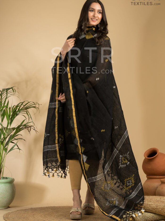 Alternative view of Classic Black Handloom Linen Suit with Geometric Motifs– Elegant 2-Piece Set