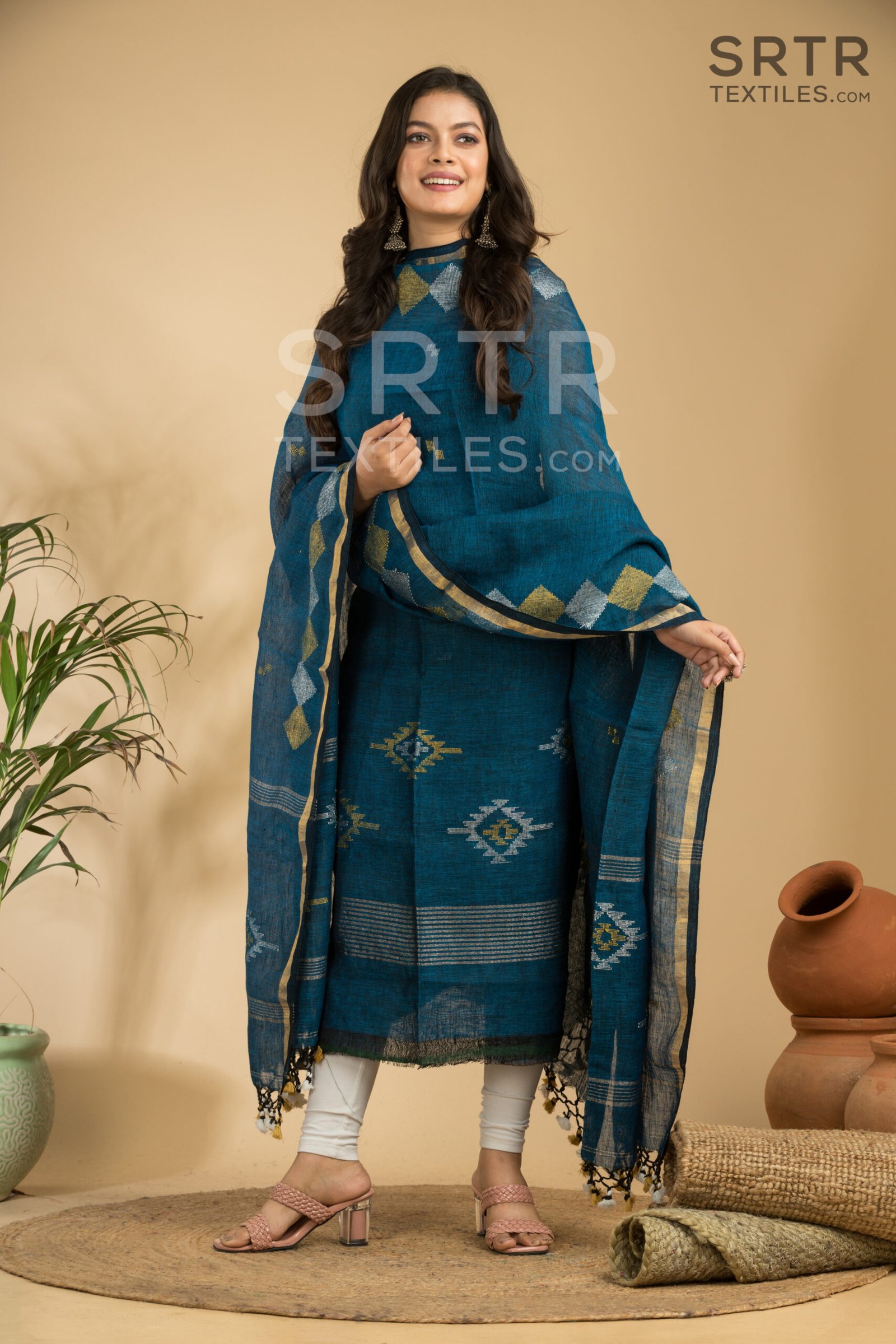 Embrace Ethereal Grace in this Exquisite Handloom Linen Blend Suit Set– Elegant 2-Piece Set - Image 2