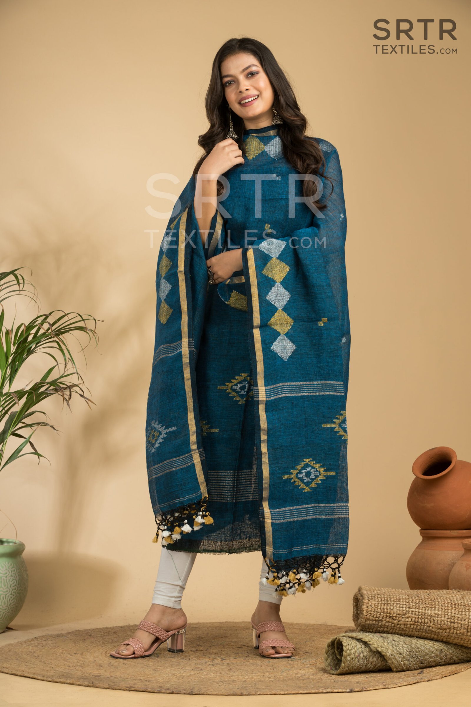 Embrace Ethereal Grace in this Exquisite Handloom Linen Blend Suit Set– Elegant 2-Piece Set - Image 3