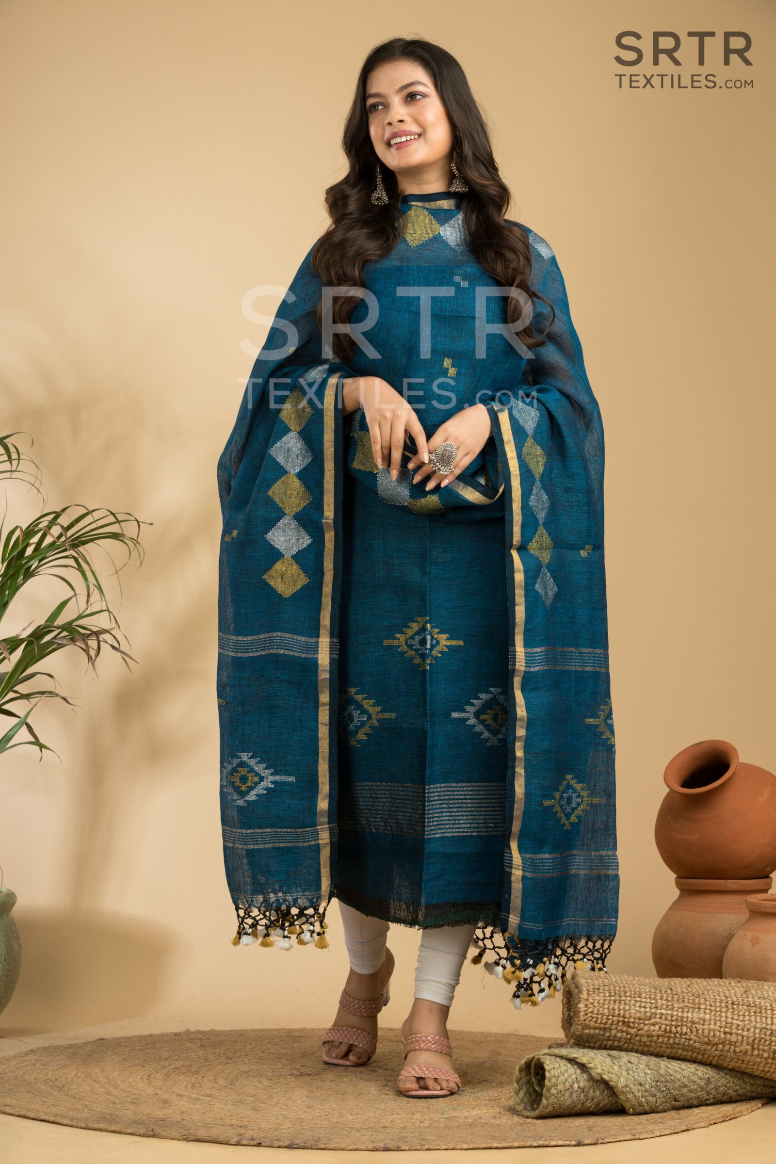 Embrace Ethereal Grace in this Exquisite Handloom Linen Blend Suit Set– Elegant 2-Piece Set - Image 4