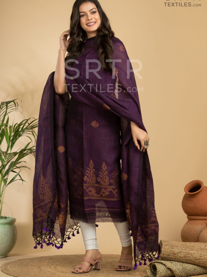 Pure Linen Unstitched Jamdani Suit – Elegant 2-Piece Set