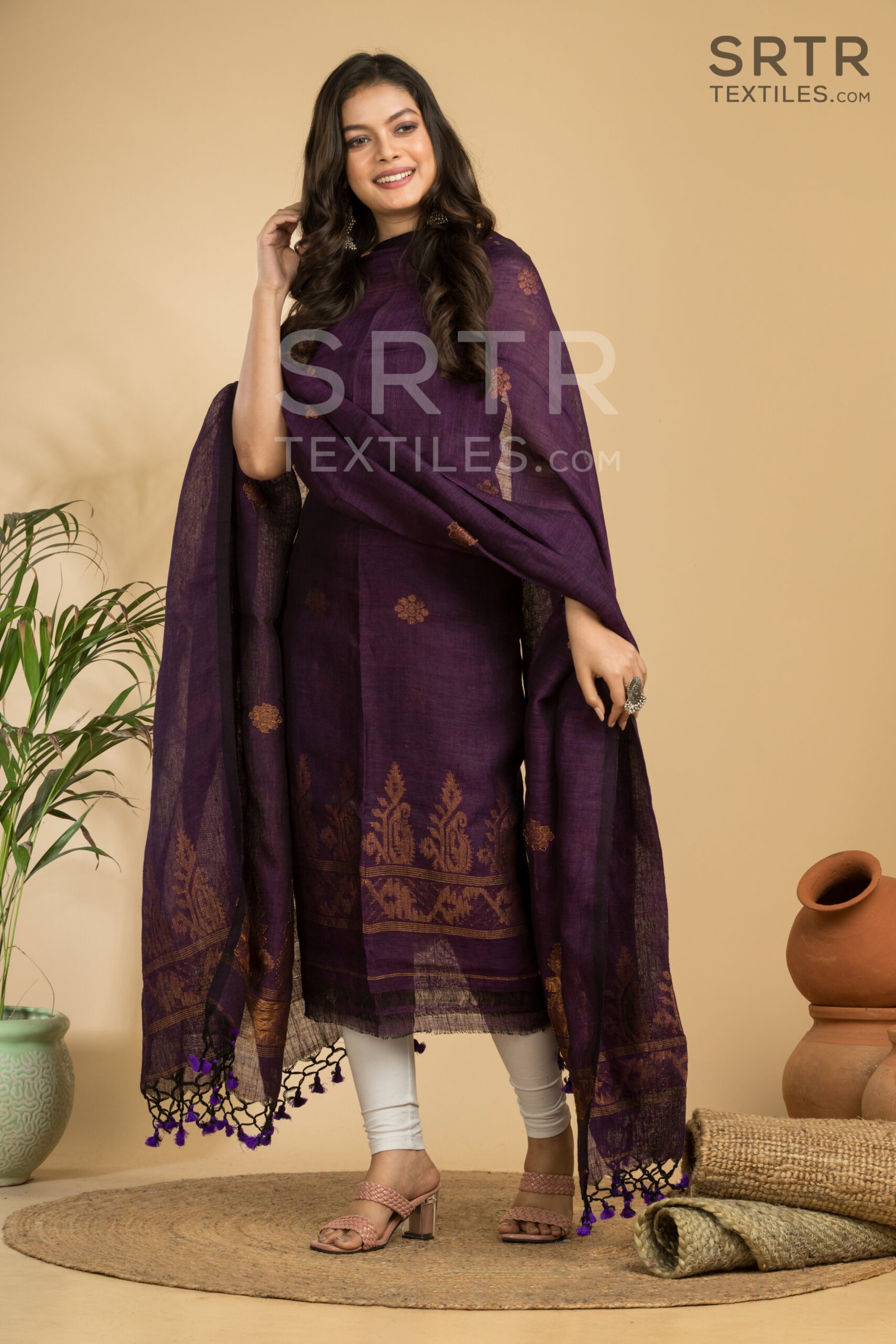 Pure Linen Unstitched Jamdani Suit – Elegant 2-Piece Set