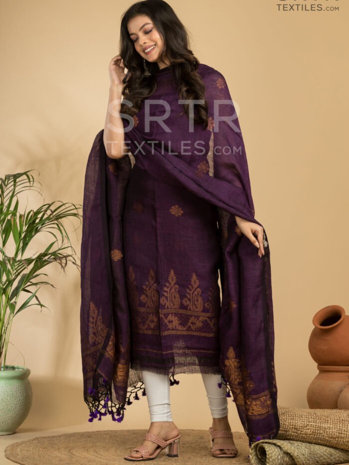 Alternative view of Pure Linen Unstitched Jamdani Suit – Elegant 2-Piece Set