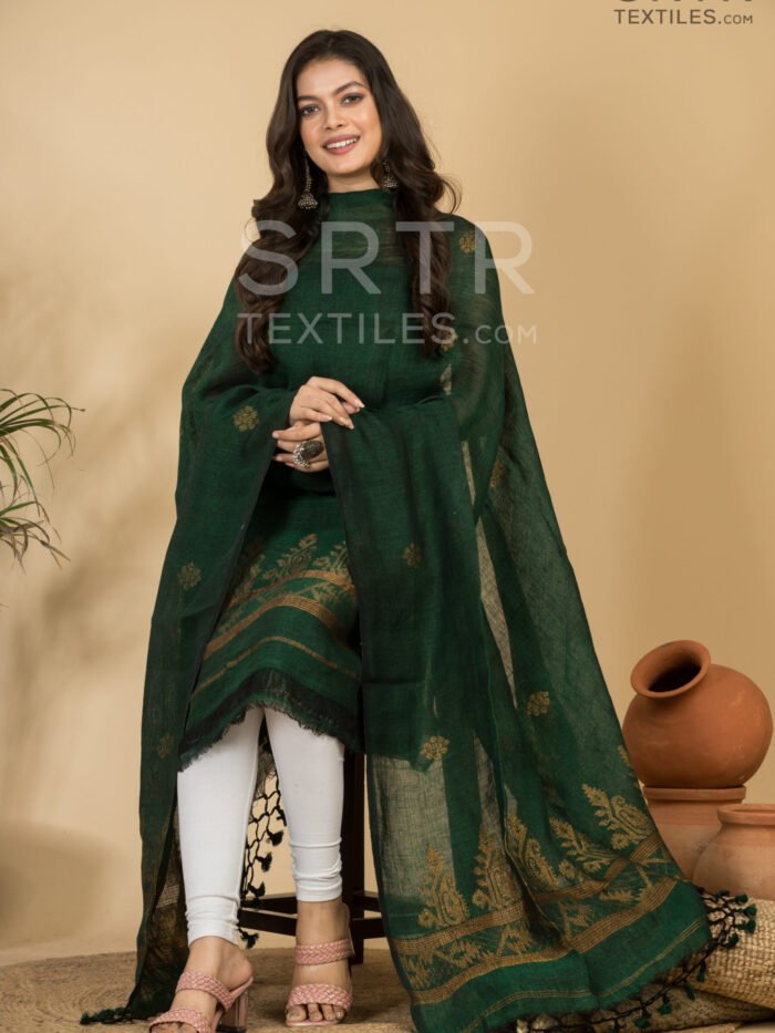 Alternative view of Pure Linen Unstitched Jamdani Suit – Elegant 2-Piece Set