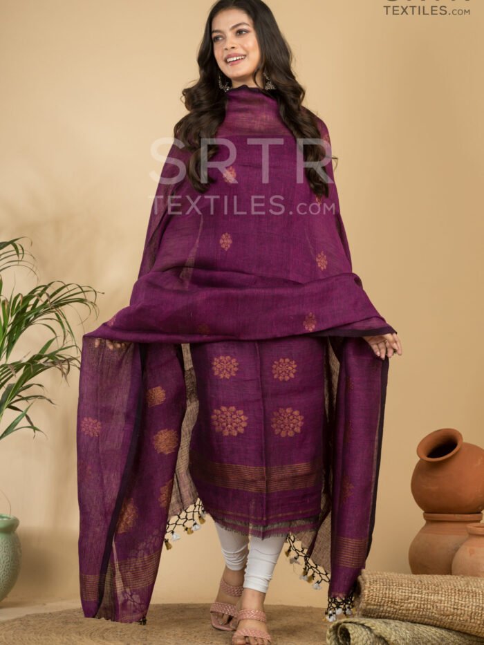 Elegant Wine Handloom Linen Suit with Zari Detailing