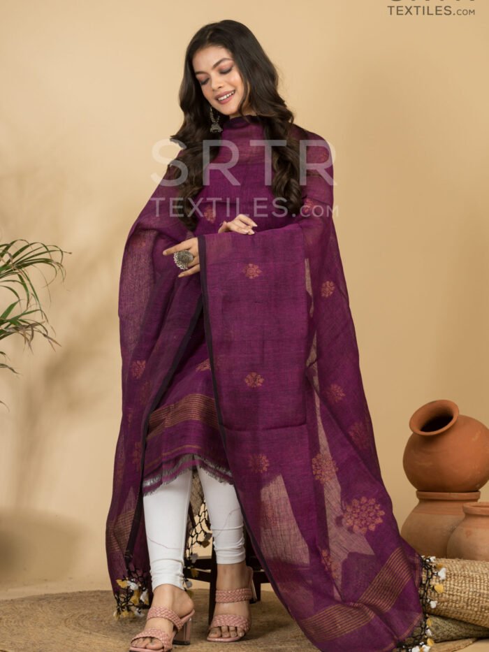 Alternative view of Elegant Wine Handloom Linen Suit with Zari Detailing
