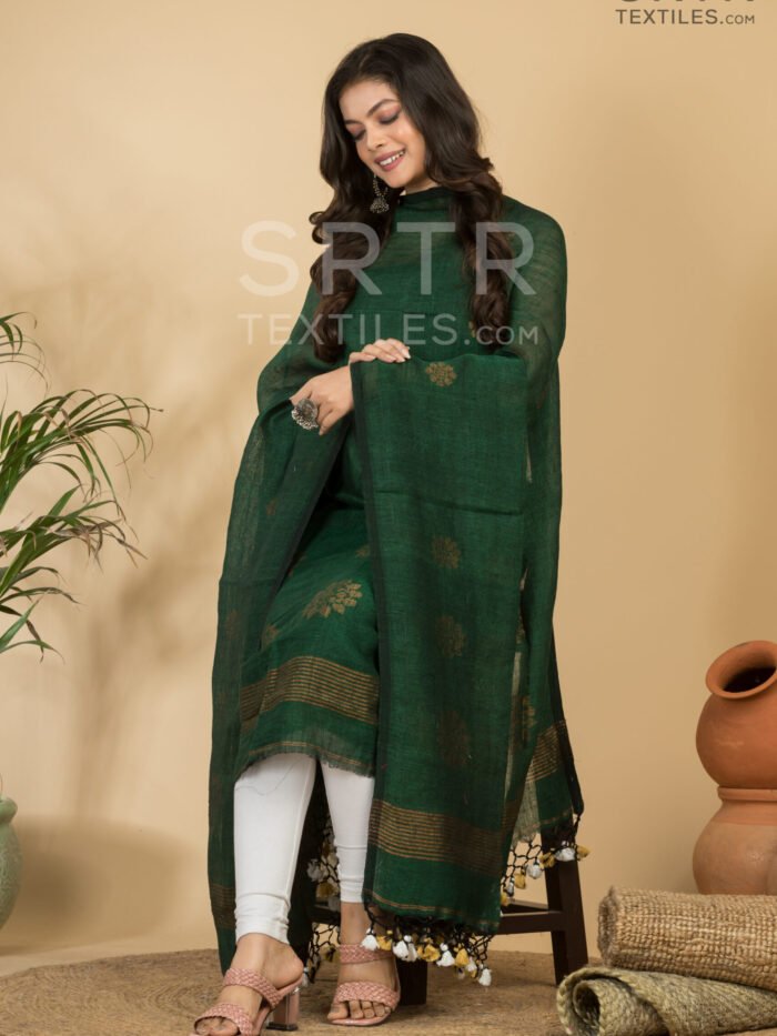 Alternative view of Graceful Green Handloom Linen Suit with Zari Detailing
