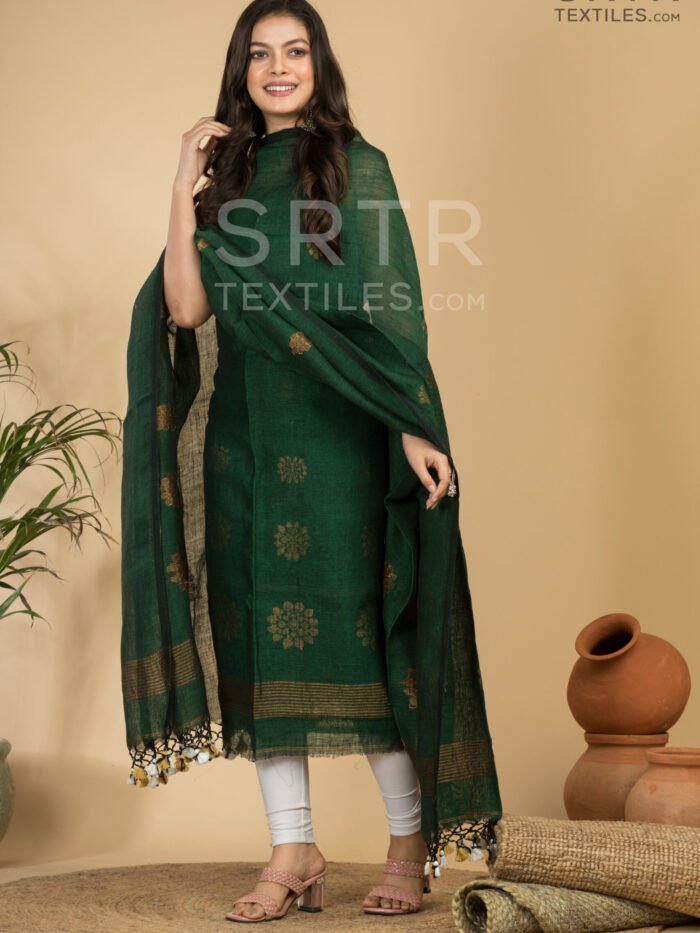 Graceful Green Handloom Linen Suit with Zari Detailing
