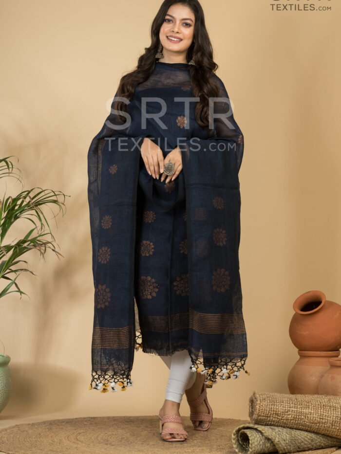 Alternative view of Royal Navy Blue Handloom Lilen Suit with Copper Zari Detailing