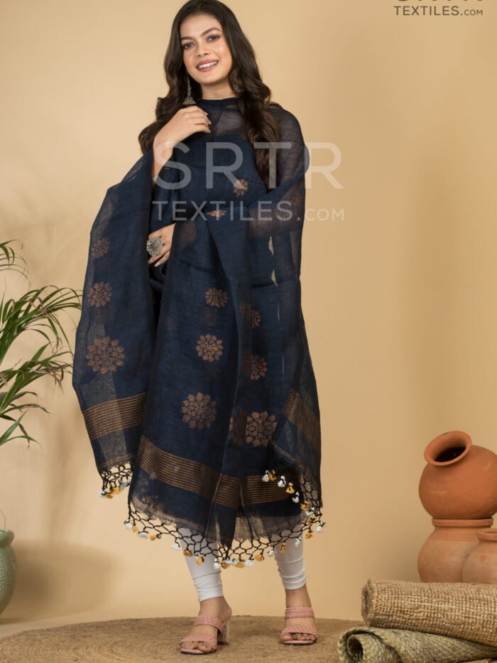 Royal Navy Blue Handloom Lilen Suit with Copper Zari Detailing