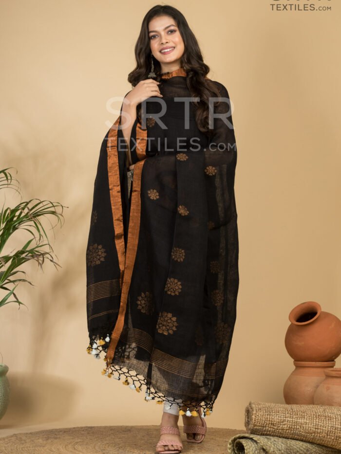 Alternative view of Classic Black Handloom Linen Suit with Copper Zari Border