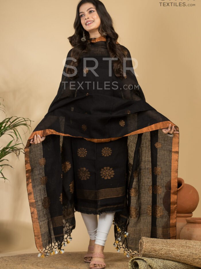 Classic Black Handloom Linen Suit with Copper Zari Border