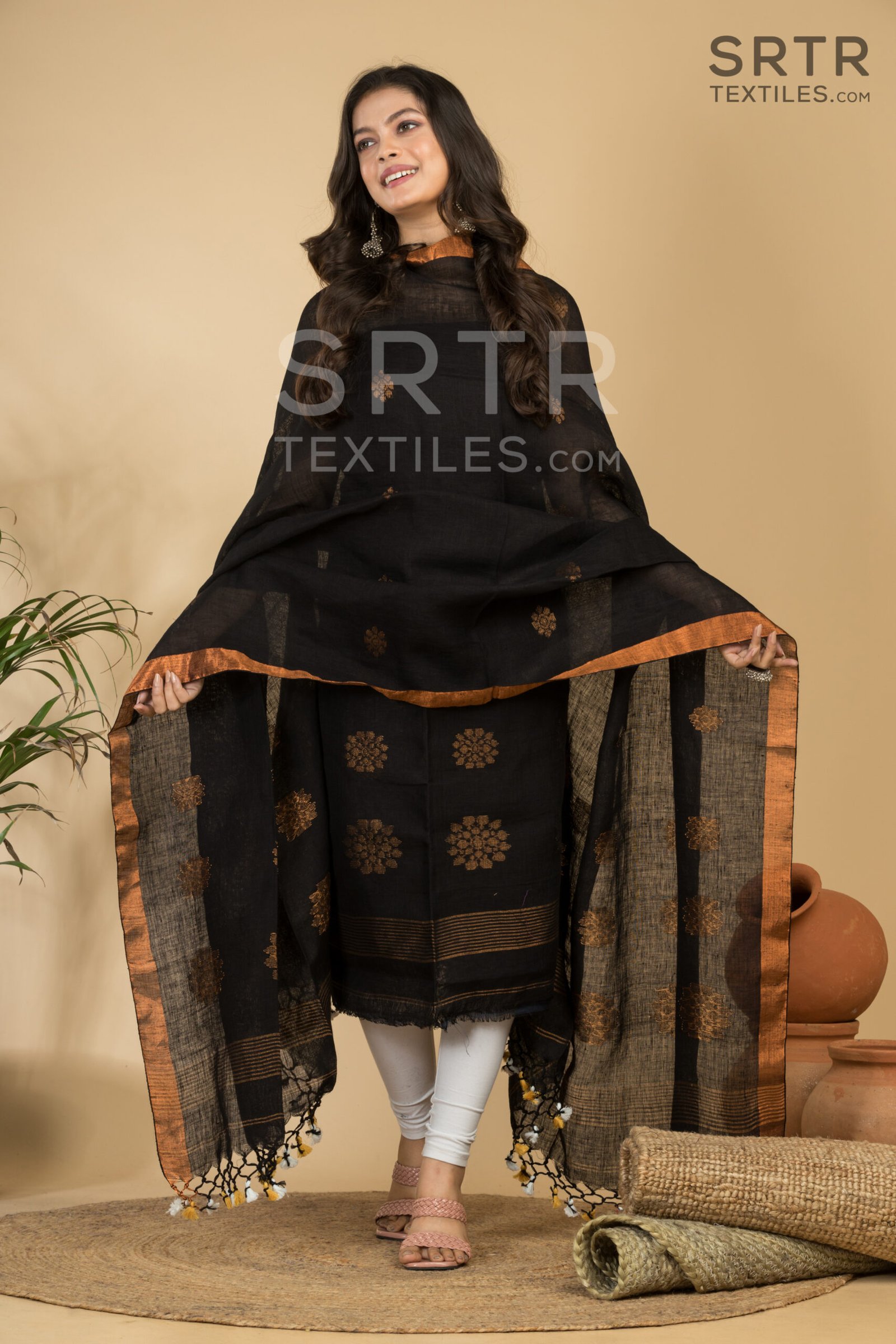 Classic Black Handloom Linen Suit with Copper Zari Border