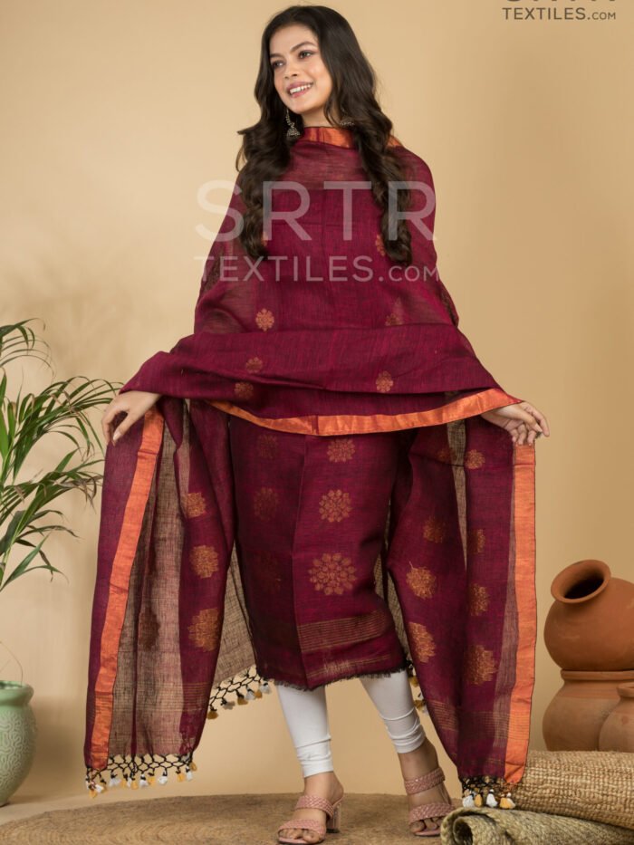 Alternative view of Elegant Maroon Handloom Linen Suit with Zari Border