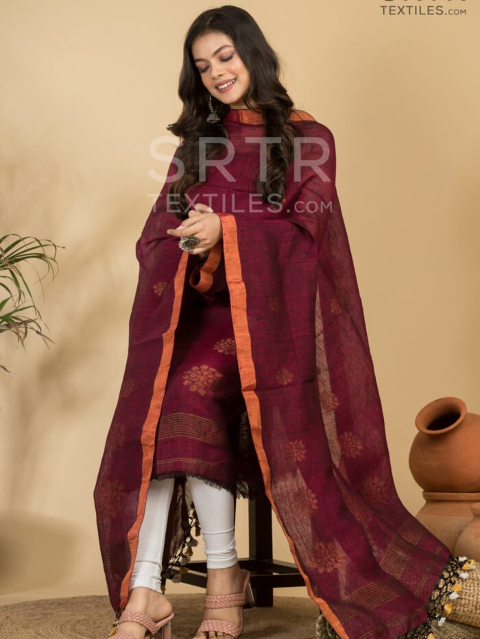 Elegant Maroon Handloom Linen Suit with Zari Border