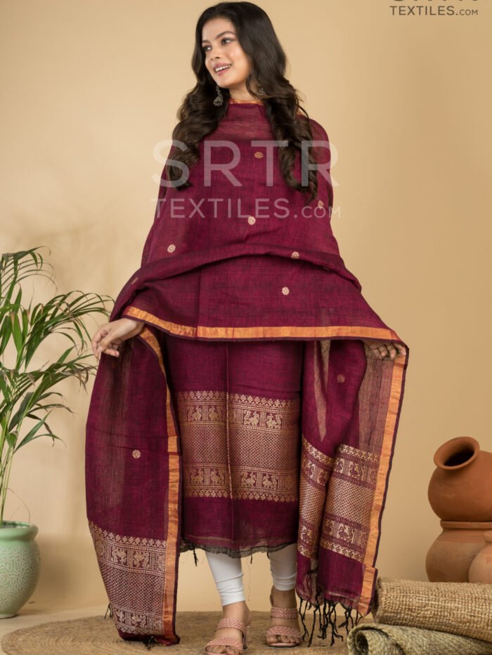 Alternative view of Pure Linen Unstitched Jamdani Suit – Elegant 2-Piece Set